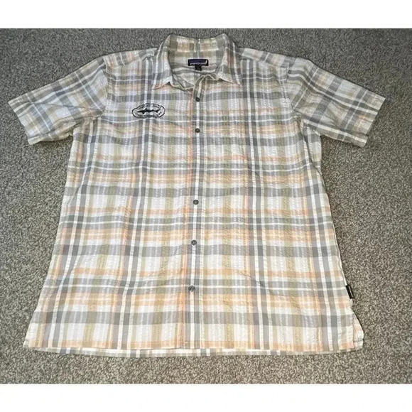 Patagonia Other - Patagonia Shirt Mens Large Short Sleeve Button Up Orange White Plaid Poly Cotton